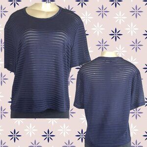 Erena XL Navy Blue Sheer Mesh Striped Crew Neckline Short Sleeve Crop Top
